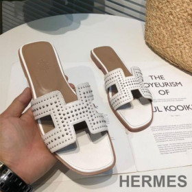 Hermes Oran Slides Women Palladium Studs Calfskin White