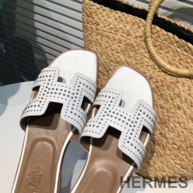 Hermes Oran Slides Women Palladium Studs Calfskin White