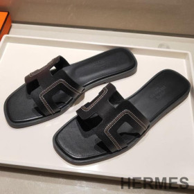Hermes Oran Slides Women Stitched Calfskin Black