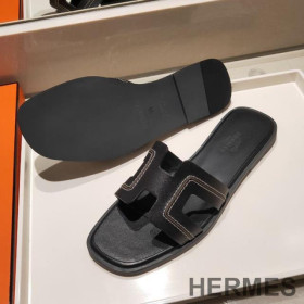 Hermes Oran Slides Women Stitched Calfskin Black
