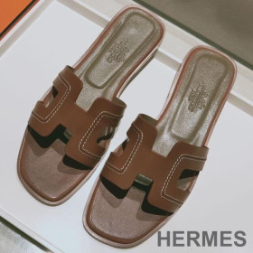 Hermes Oran Slides Women Stitched Calfskin Brown
