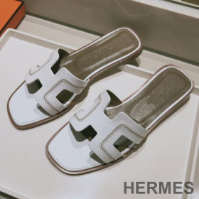 Hermes Oran Slides Women Stitched Calfskin White