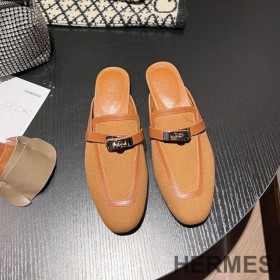 Hermes Oz Mules Women Calfskin and Cotton Canvas with Kelly Buckle Brown