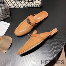 Hermes Oz Mules Women Calfskin and Cotton Canvas with Kelly Buckle Brown
