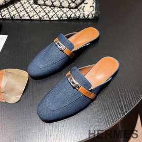 Hermes Oz Mules Women Calfskin and Cotton Canvas with Kelly Buckle Light Blue