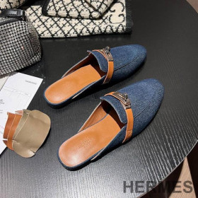 Hermes Oz Mules Women Calfskin and Cotton Canvas with Kelly Buckle Light Blue