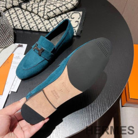 Hermes Paris Loafers Women Suede with H Buckle Blue