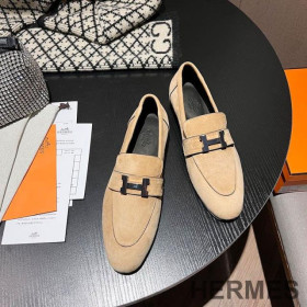Hermes Paris Loafers Women Suede with H Buckle Khaki