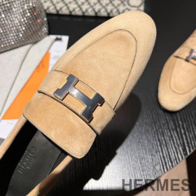Hermes Paris Loafers Women Suede with H Buckle Khaki