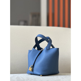 Hermes Picotin Lock 18 Clemence and Ostrich Chai (0M) and Vanille(Y1) Palladium Hardware Blue
