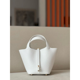 Hermes Picotin Lock 18 Clemence and Ostrich Gris Meyer(0L) Palladium Hardware White