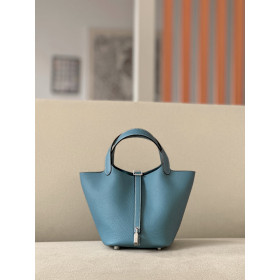Hermes Picotin Lock 18 Clemence Gris Mouette(4Z) Gold Hardware Blue