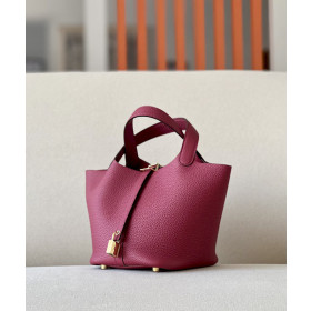 Hermes Picotin Lock 18 Clemence Gris Asphalte(M8) Gold Hardware Garnet Red