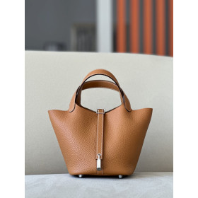 Hermes Picotin Lock 18 Clemence New Bleu Jean(D2) Palladium Hardware Brown