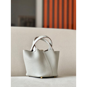 Hermes Picotin Lock 22 Clemence Vert Criquet(3I) Palladium Hardware White