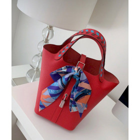 Hermes Picotin Lock 22 Clemence Vert Cypres(6O) Palladium Hardware Red
