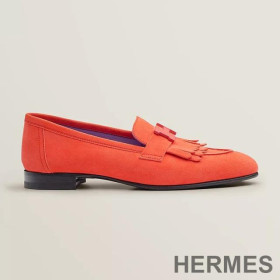Hermes Royal Loafers Women Suede with Fringe and H Buckle Orange