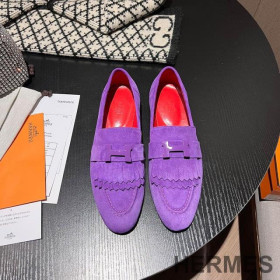 Hermes Royal Loafers Women Suede with Fringe and H Buckle Purple