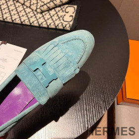 Hermes Royal Loafers Women Suede with Fringe and H Buckle Sky Blue
