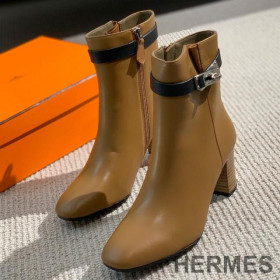 Hermes Saint Germain Ankle Boots Women Genuine Leather Khaki