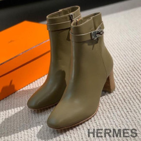 Hermes Saint Germain Ankle Boots Women Genuine Leather Olive Green