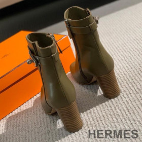 Hermes Saint Germain Ankle Boots Women Genuine Leather Olive Green