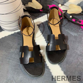 Hermes Santorini Flat Sandals Women Calfskin Black