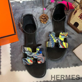 Hermes Santorini Flat Sandals Women Fantaisie Botanique Calfskin Black