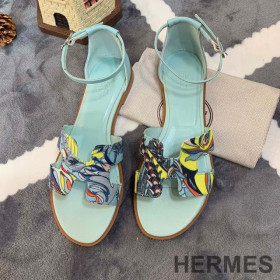 Hermes Santorini Flat Sandals Women Fantaisie Botanique Calfskin Blue