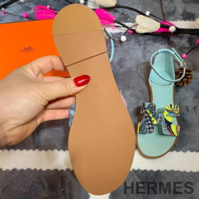 Hermes Santorini Flat Sandals Women Fantaisie Botanique Calfskin Blue