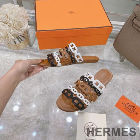 Hermes Thalassa Slides Women Nappa Leather Brown/Black