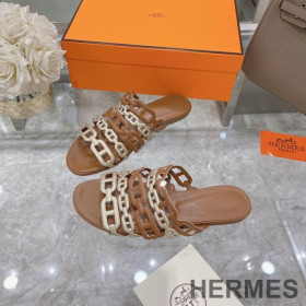 Hermes Thalassa Slides Women Nappa Leather Brown/Gold