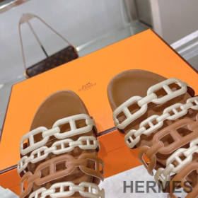 Hermes Thalassa Slides Women Nappa Leather Brown/Gold