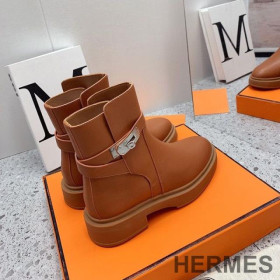 Hermes Veo Ankle Boots Women Calfskin with Ankle Strap Brown