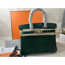 Hermes Birkin 30 Bag In Green Crocodile Shiny Skin Gold Hardware