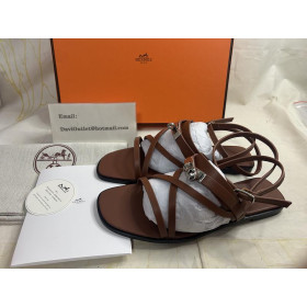 Hermes Gold Calfskin Leather Palladium Plated June Sandals Brown