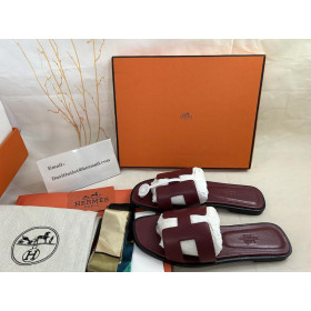 Hermes Oran Slides Women Sandals Calfskin Burgundy Red