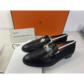 Hermes Paris Women's Loafers Black Silver