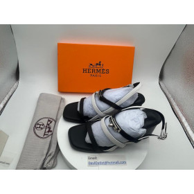 Hermes Women Eve 60 Sandal in Calfskin Leather Black/White