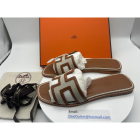 Hermes Women's Calfskin Canvas Oran Sandals Noisette Beige Dore