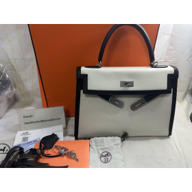 Hermes Womens Patchwork Canvas Crossbody Bag White and Black